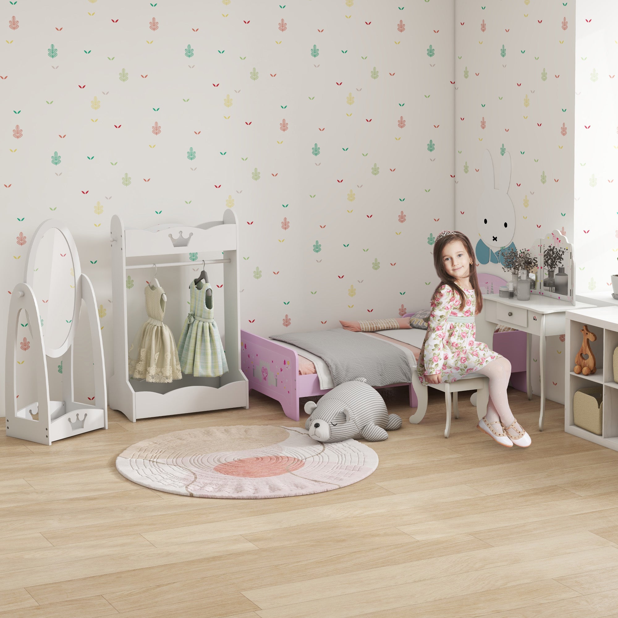 HOMCOM Free Standing Full Length Mirror, Child's Dressing Mirror with storage shelf, Children's White Bedroom Furniture 360° Rotation MDF, For 3- 8 Years Old, 40L x 30W x 104H cm 