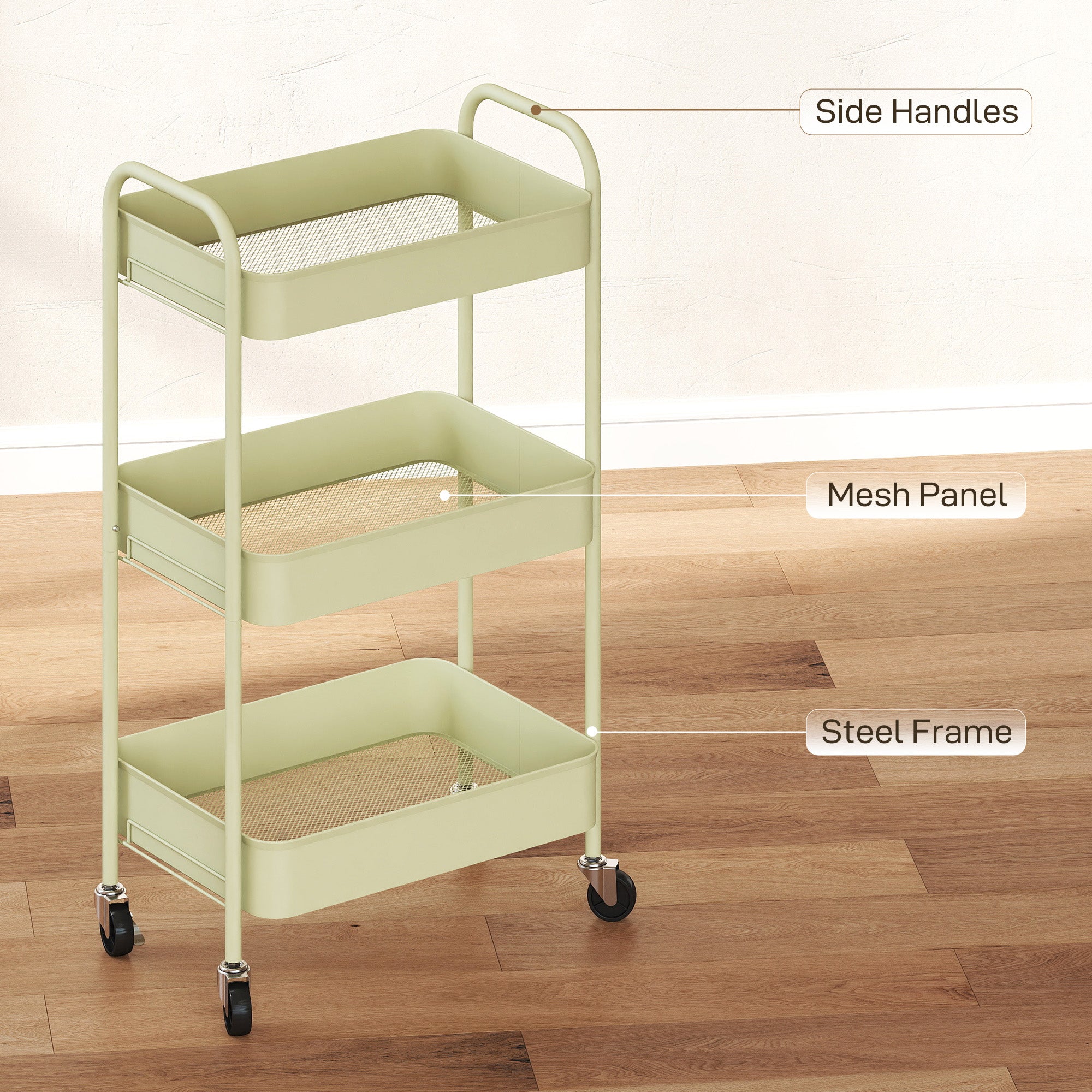 HOMCOM Three-Tier Steel Storage Trolley - Green