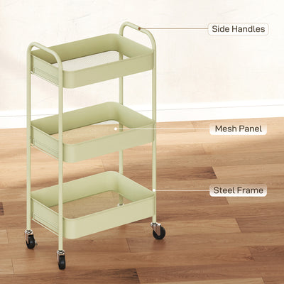 HOMCOM Three-Tier Steel Storage Trolley - Green 