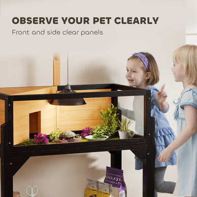 PawHut Wooden Tortoise House with Storage Shelf, Clear Observation Windows, Lamp Holder, Openable Top, Built-in Tray, Yellow 