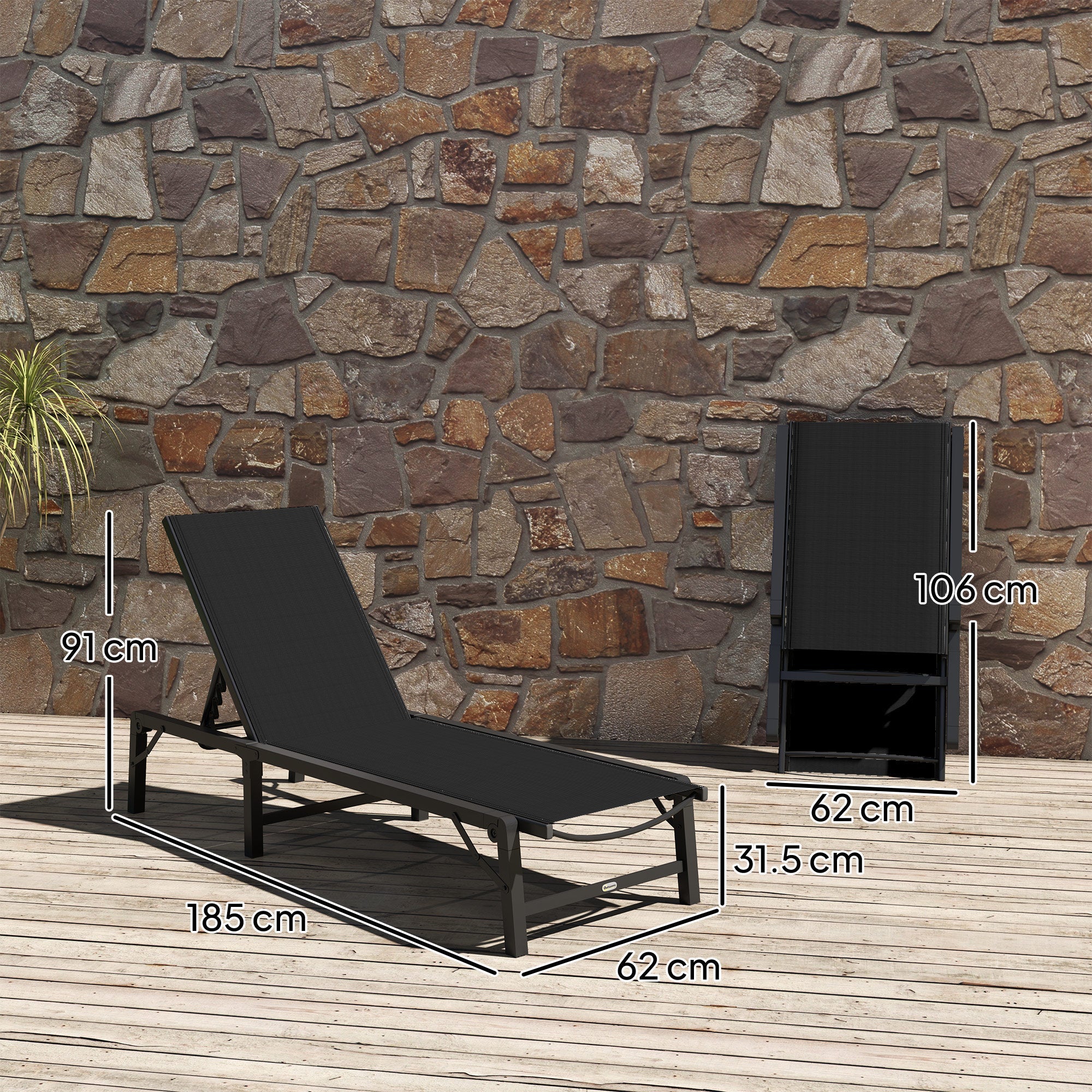 Outsunny Folding Sun Lounger, 5-Position Adjustable Garden Chaise Lounge Sunbed, Steel Frame Reclining Chair for Beach, Porch, Patio, Camping, Black 
