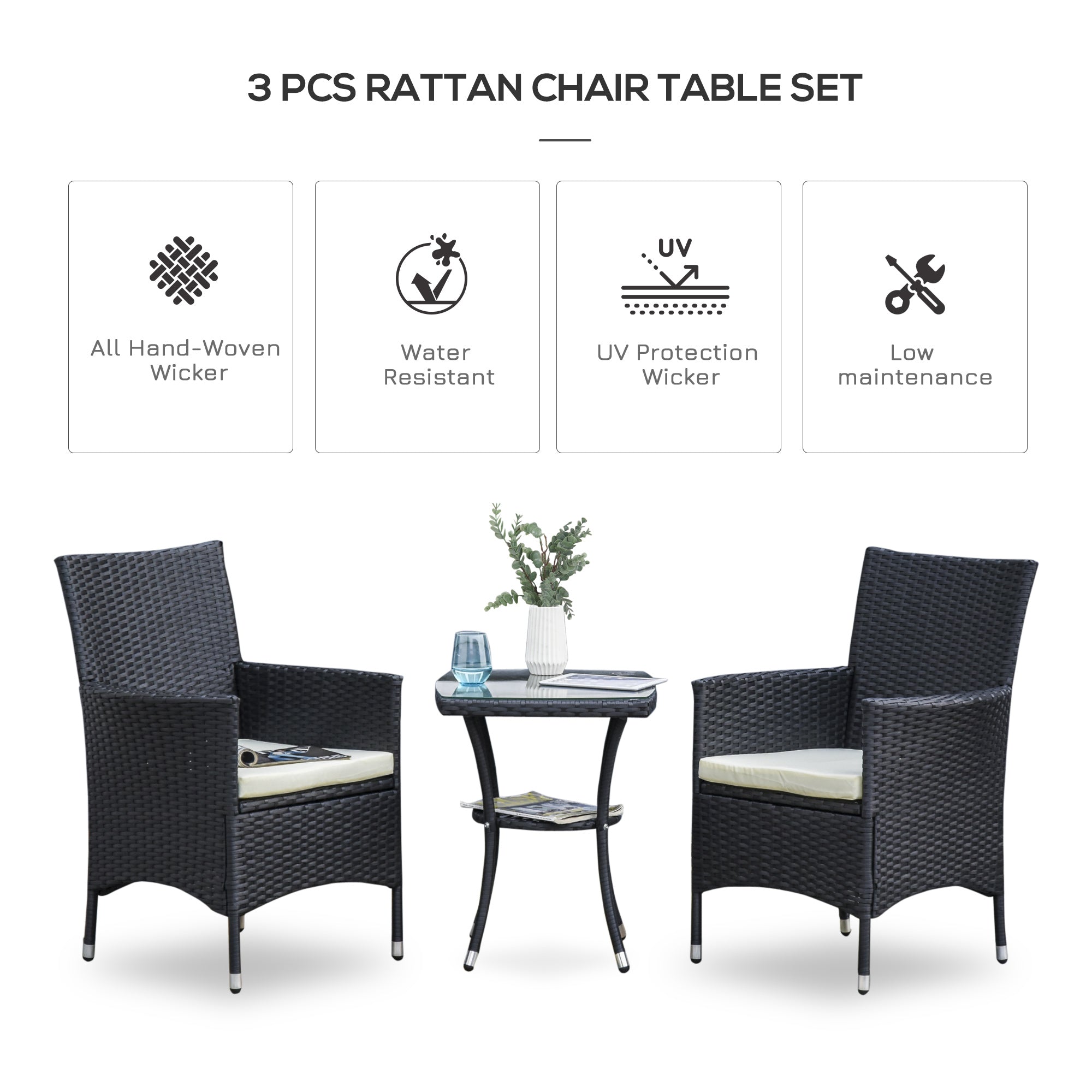 Outsunny 3 Pieces Rattan Bistro Set, Wicker Garden Furniture Set with 2-Tier Coffee Table and Chairs, Cushions, for Outdoor Patio Balcony, Black 