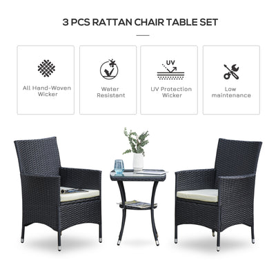 Outsunny 3 Pieces Rattan Bistro Set, Wicker Garden Furniture Set with 2-Tier Coffee Table and Chairs, Cushions, for Outdoor Patio Balcony, Black 