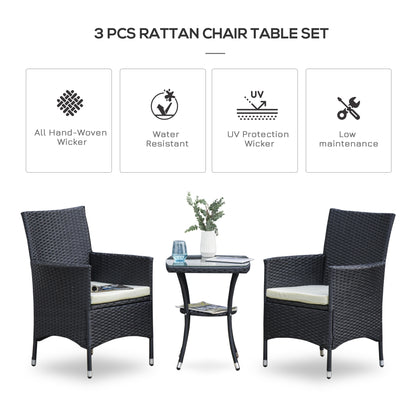 Outsunny 3 Pieces Rattan Bistro Set, Wicker Garden Furniture Set with 2-Tier Coffee Table and Chairs, Cushions, for Outdoor Patio Balcony, Black 