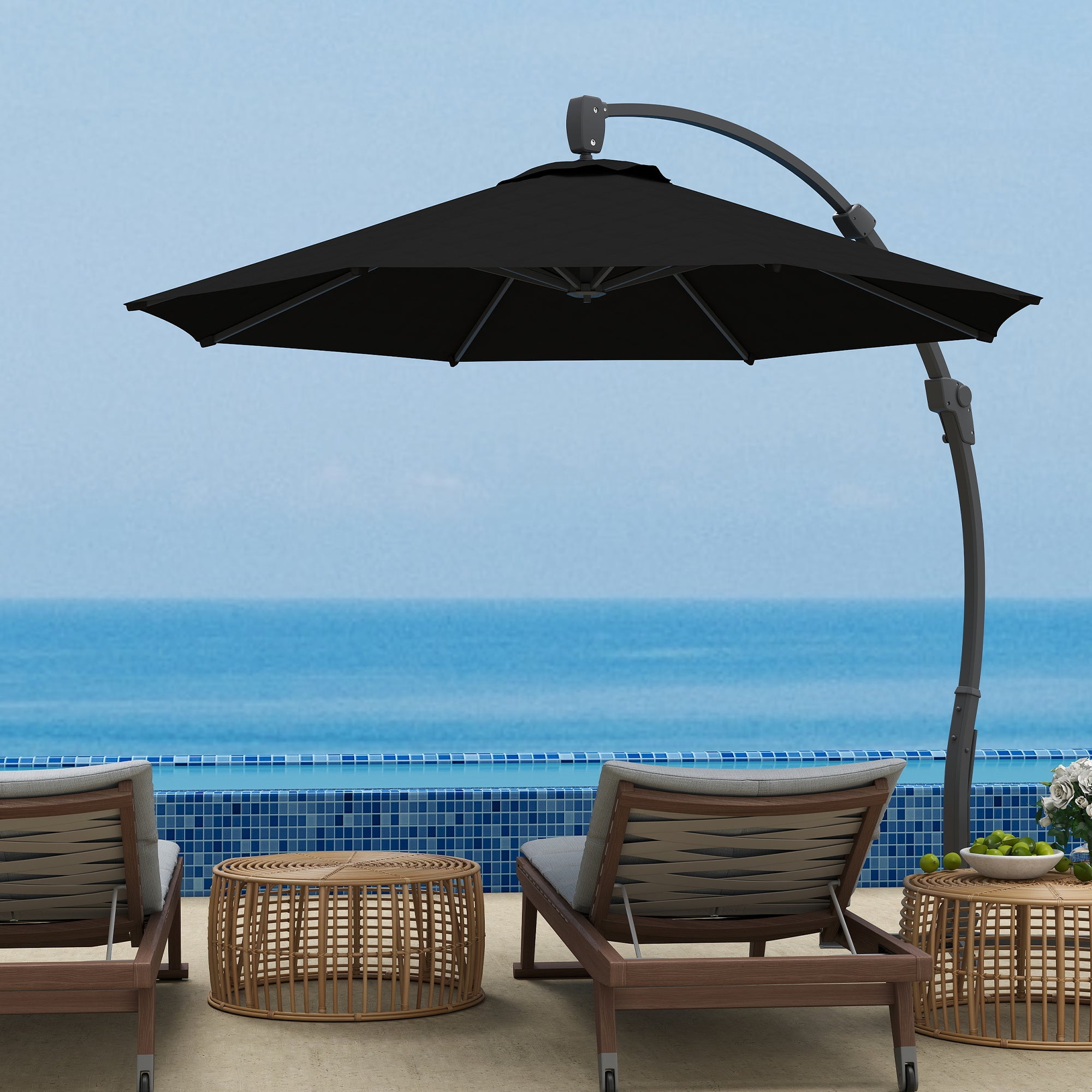 Outsunny 3(m) Garden Cantilever Parasol, Round Overhanging Umbrella with Crank Handle, Cross Base, Aluminium Frame and 360° Rotation, Banana Patio Umbrella for Outdoor Sun Shade, Black 