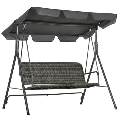 Outsunny 3-Seater Outdoor PE Rattan Swing Chair, Patio Wicker Hanging Swing Bench with Steel Frame Stand & Adjustable Canopy, Grey 