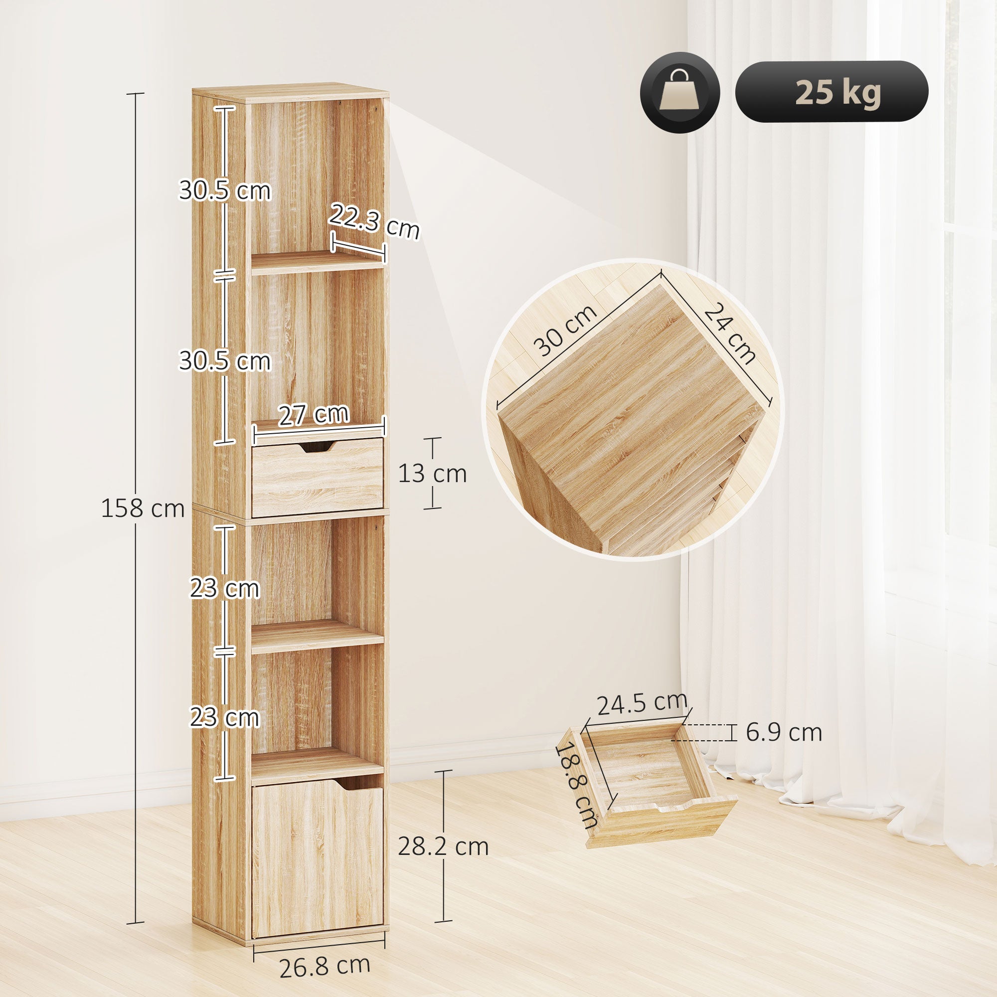 HOMCOM 6-Tier Bookcase, Tall Narrow Bookshelf with Drawer and Door - Natural Wood Finish 