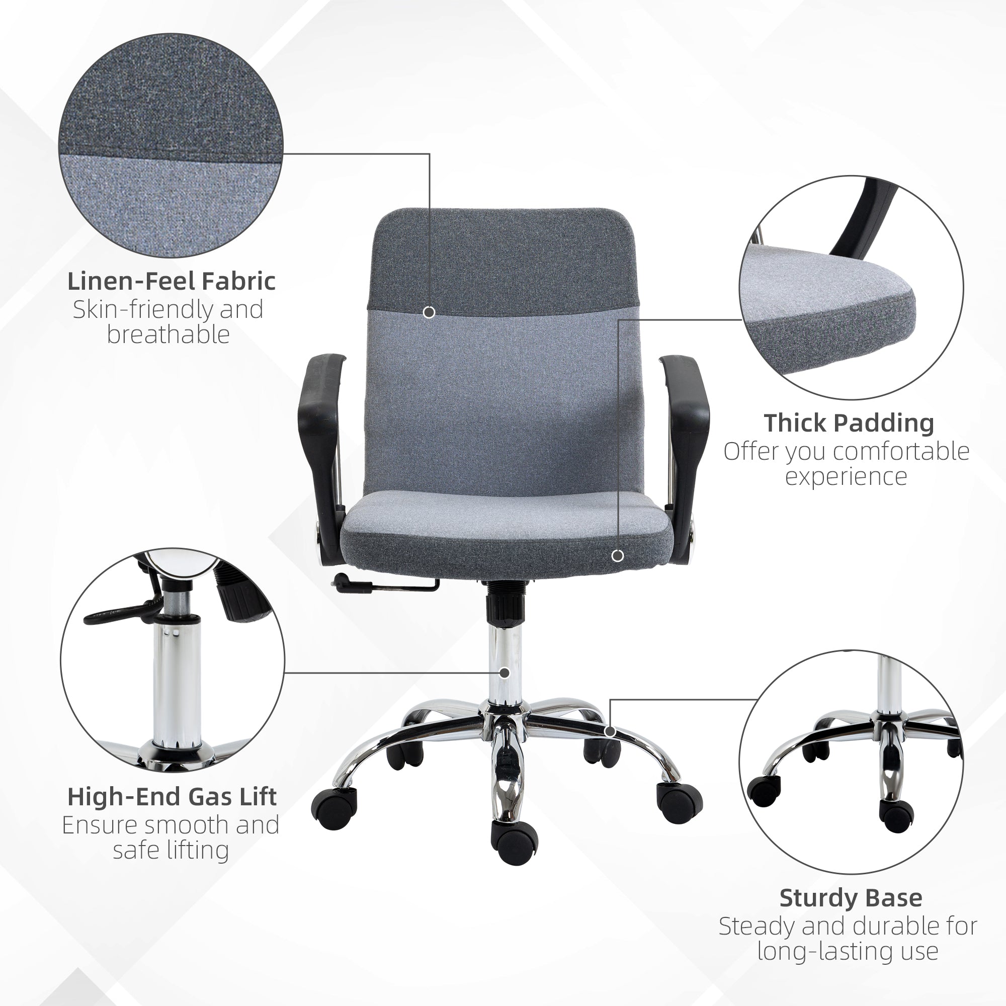Vinsetto Office Chair Linen Fabric Swivel Computer Desk Chair Home Study Adjustable Chair with Wheels, Grey 