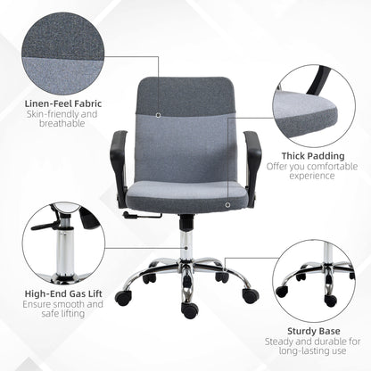 Vinsetto Office Chair Linen Fabric Swivel Computer Desk Chair Home Study Adjustable Chair with Wheels, Grey 