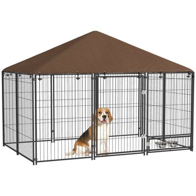 PawHut Outdoor Dog Kennel Puppy Play Pen with Canopy Garden Playpen Fence Crate Enclosure Cage Rotating Bowl 211 x 141 x 151 cm 