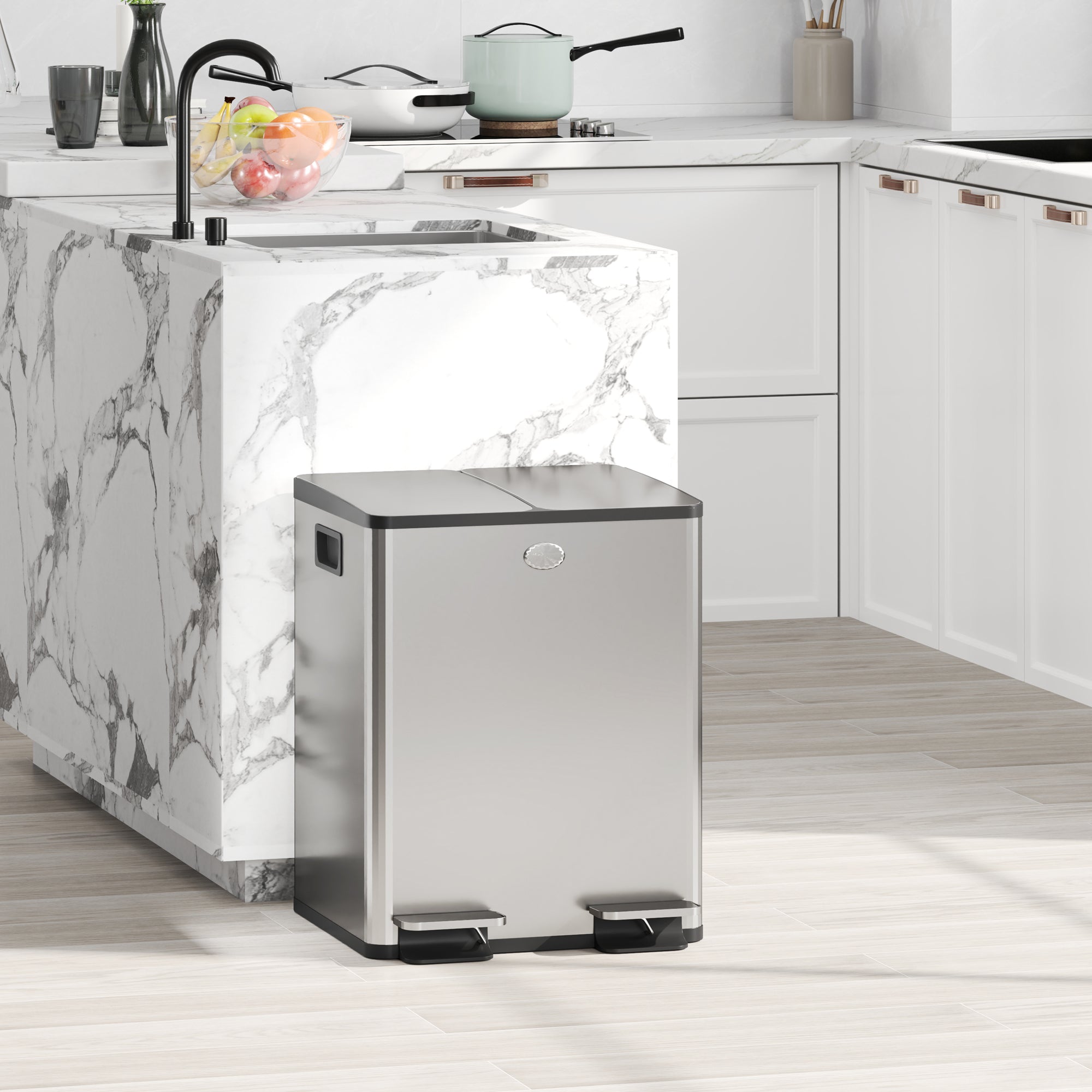 HOMCOM 40L Dual Compartment Stainless Steel Bin, with Deodoriser Holders - Silver Tone 