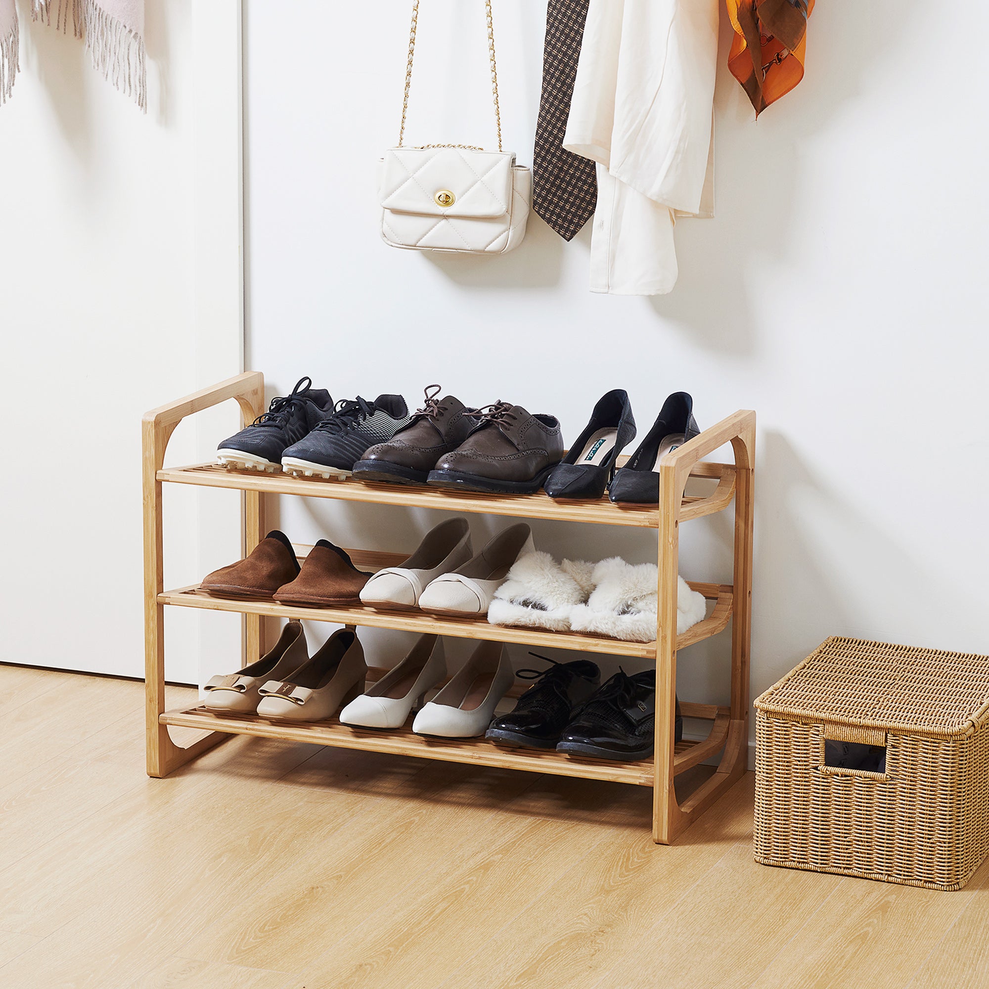 HOMCOM 3-Tier Shoe Rack, Bamboo Shoe Storage Organizer with Slatted Shelves, Free Standing Shoe Shelf Stand for 9 Pairs of Shoes for Entryway, Hallway, Natural 