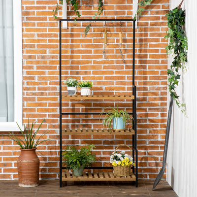 Outsunny 3 Tiered Plant Stand with Hanging Hooks, Flower Rack Shelf for Indoor Outdoor Porch Balcony Living Room Bedroom 