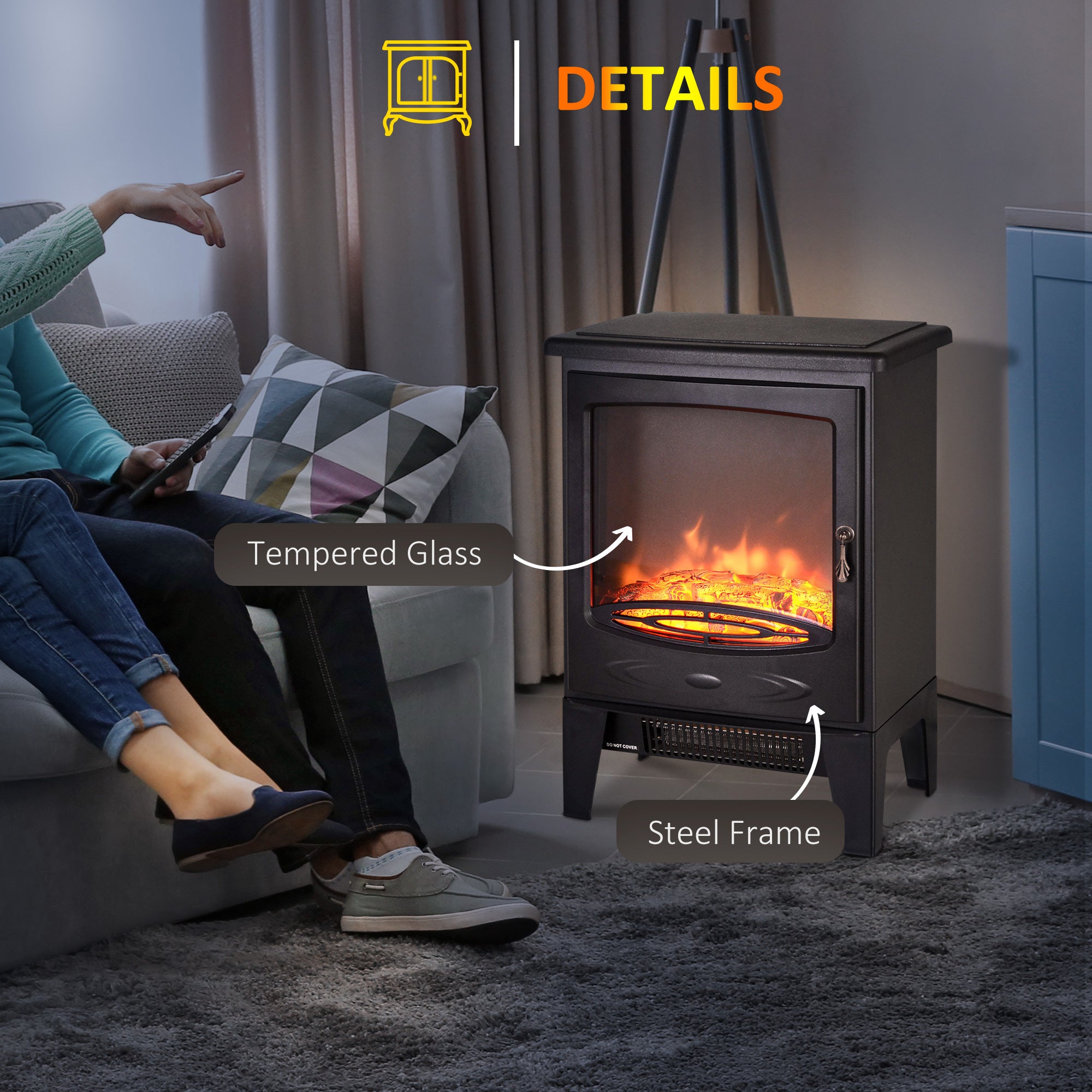 HOMCOM Tempered Glass Casing Electric Fireplace, Freestanding Electric Fire with Realistic Flame Effect, Log Burner with Overheat Protection, 950w/ 1850W, Black 