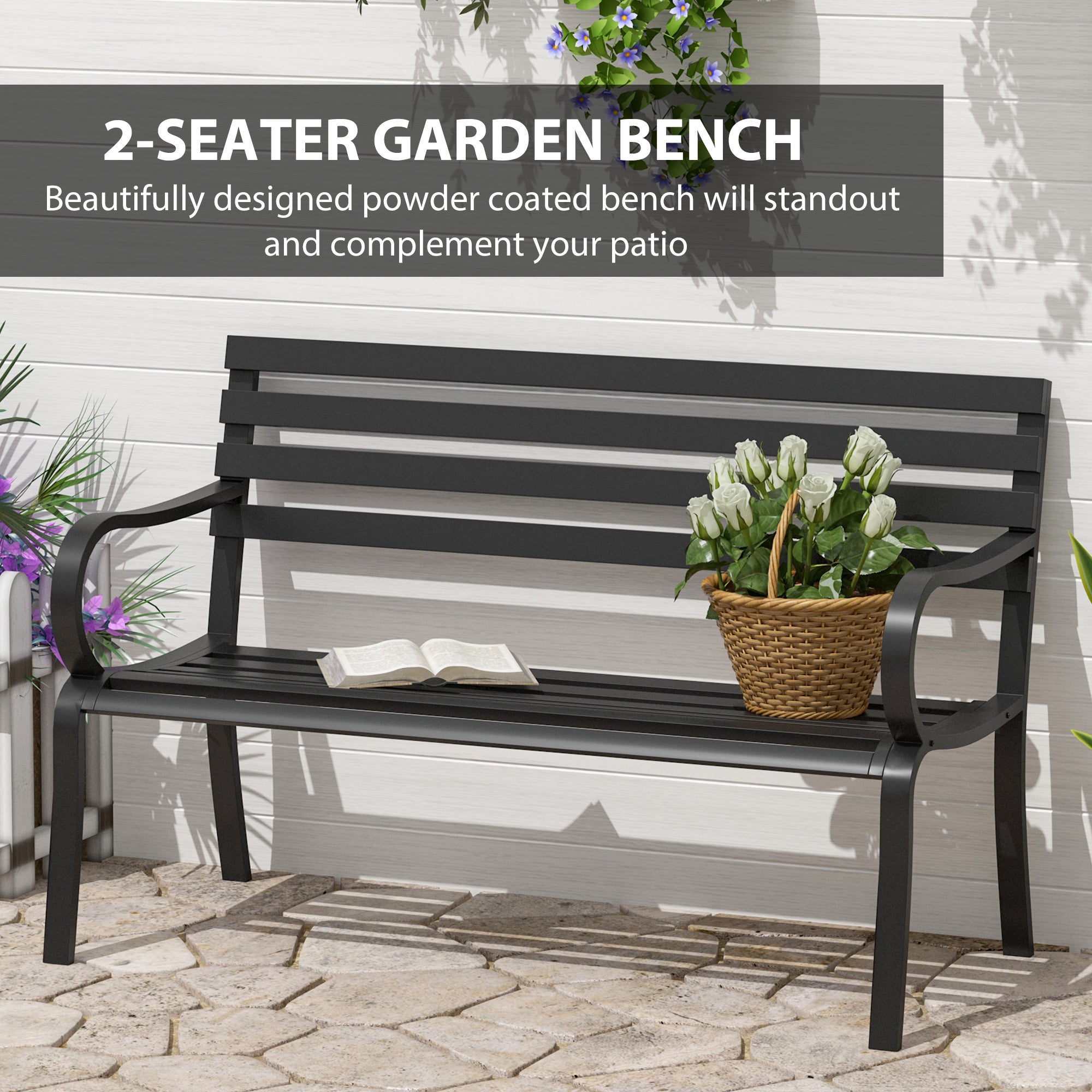 Outsunny Stylish 2 Seater Metal Garden Porch Chair Bench Stable Patio Outdoor Park Metal Bench - Black 