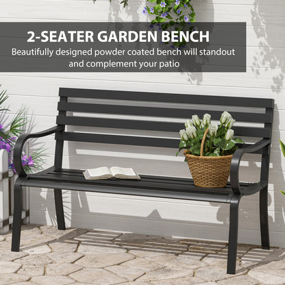Outsunny Stylish 2 Seater Metal Garden Porch Chair Bench Stable Patio Outdoor Park Metal Bench - Black 
