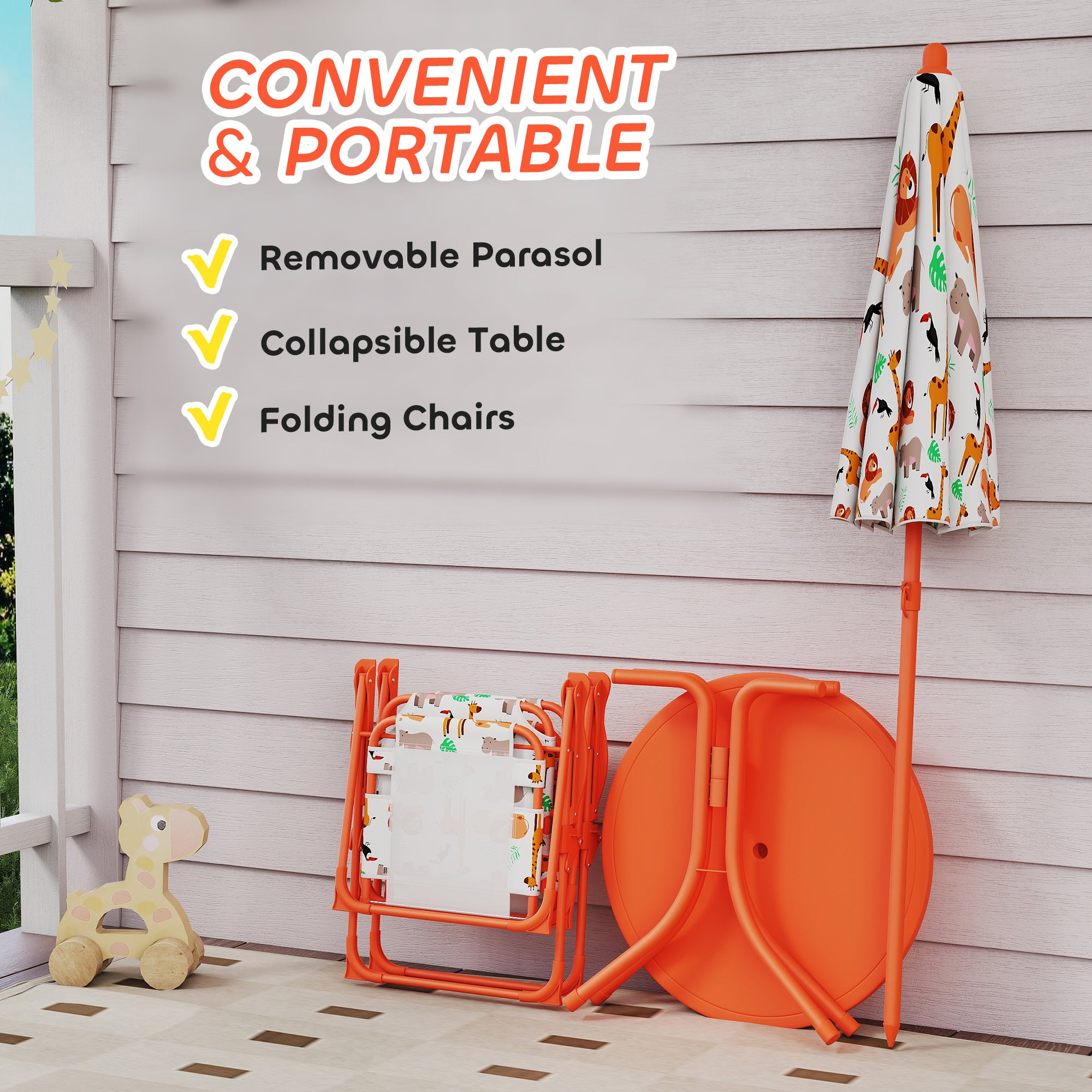 AIYAPLAY Kids Patio Set, Children Table and Chair Set, Outdoor Picnic Table with 2 Folding Chairs and Umbrella, Orange 