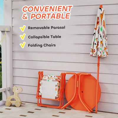 AIYAPLAY Kids Patio Set, Children Table and Chair Set, Outdoor Picnic Table with 2 Folding Chairs and Umbrella, Orange 