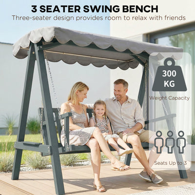 Outsunny 3 Seater Garden Swing Seat with Canopy, Wooden Swing Chair, Outdoor Hammock Bench for Balcony Patio Porch, Grey 