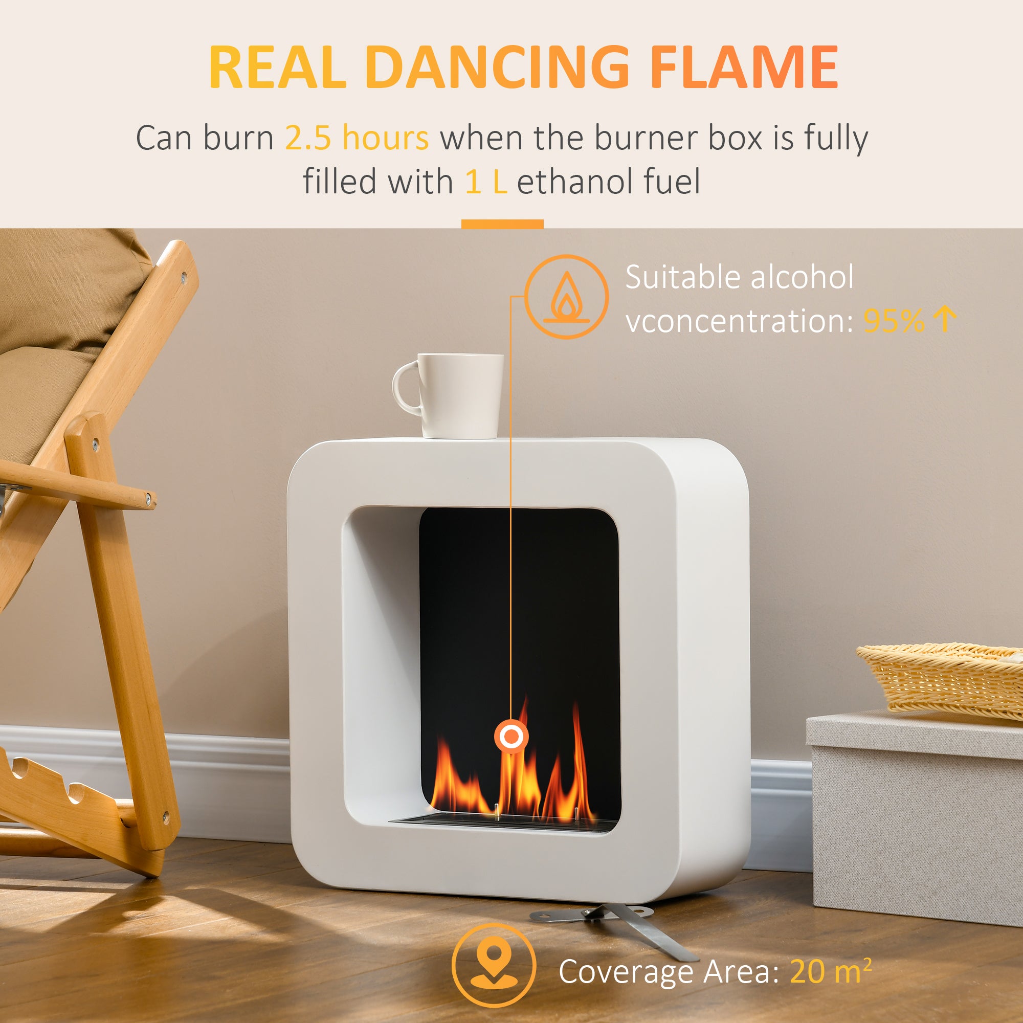 HOMCOM Wall Mounted Ethanol Fireplace, Bioethanol Heater Stove Fire with 1L Tank, 2.5 Hour Burning Time, White 