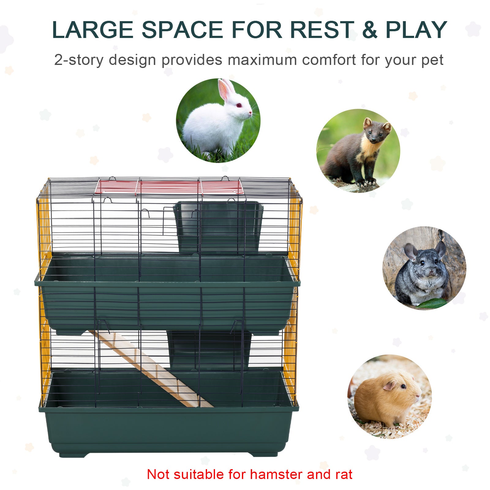 PawHut Indoor Rabbit Guinea Pig Cage Small Animal Cage Two Storey 80 x 44 x 82 cm 
