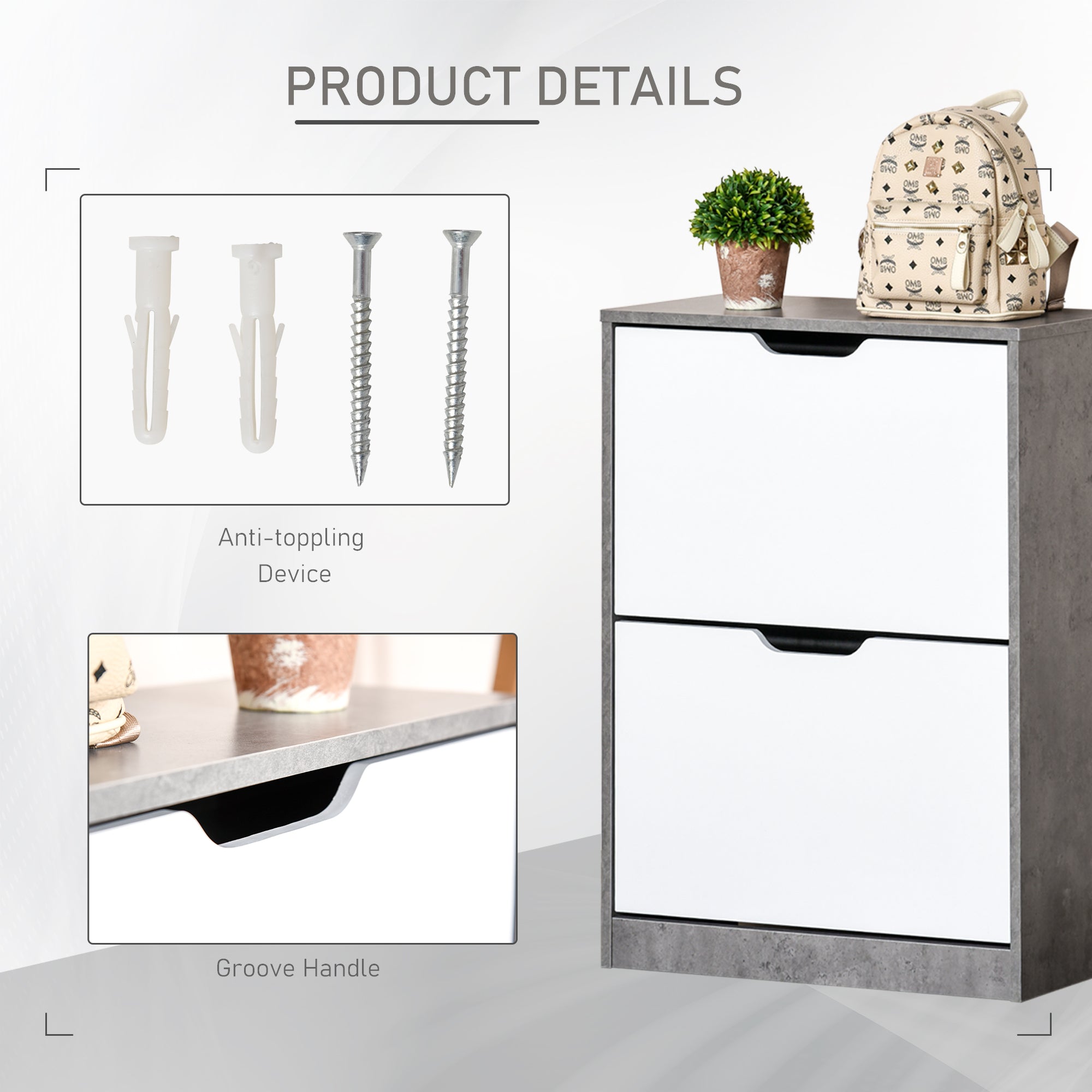 HOMCOM Two Drawer Shoe Cabinet Home Storage Organiser w/ Groove Handles Adjustable Shelves Modern Boxy Rack Hallway Bedroom Furniture 