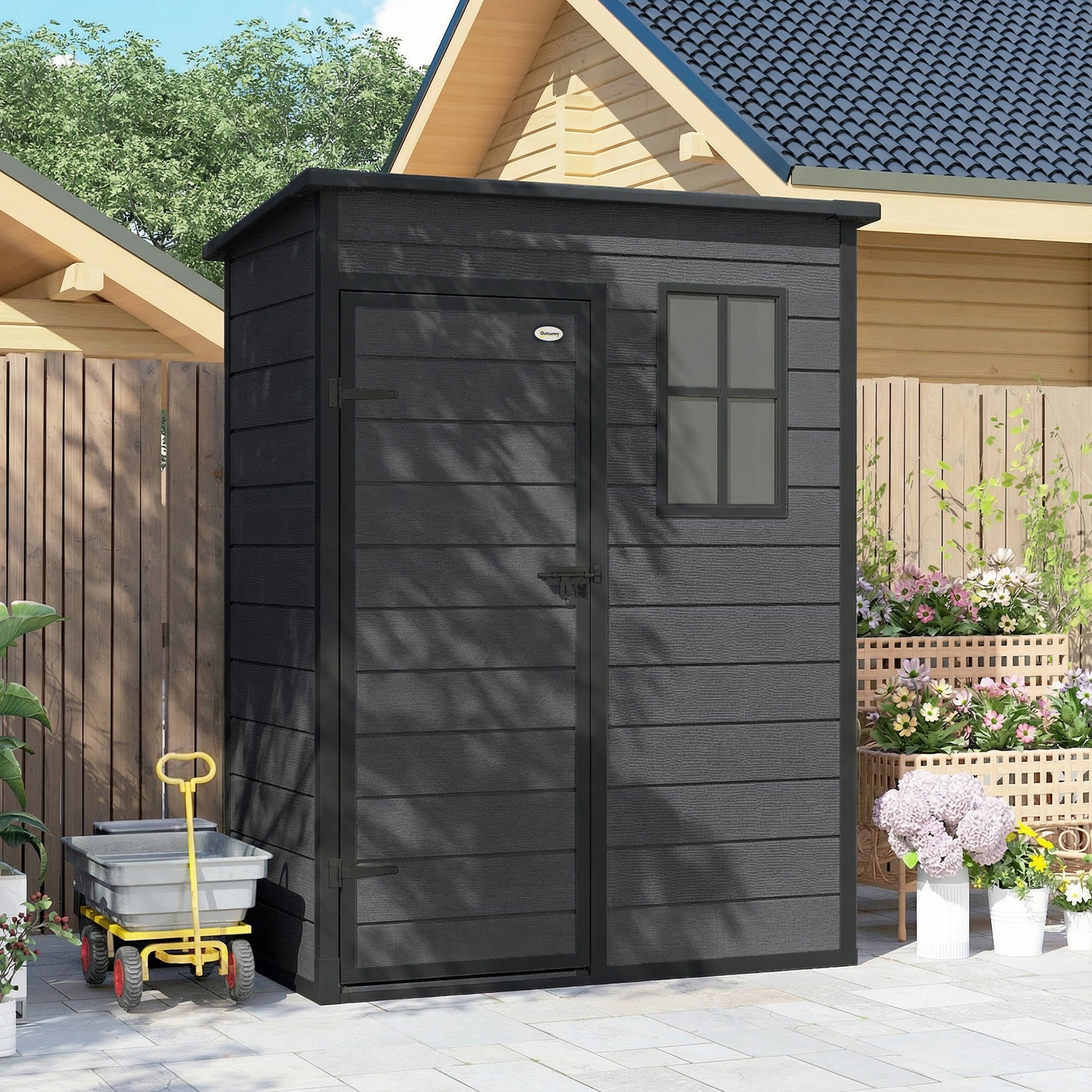 Outsunny 5' x 3' Garden Shed with Floor, Outdoor Storage Shed with Lockable Door, Window and Vent, Dark Grey 