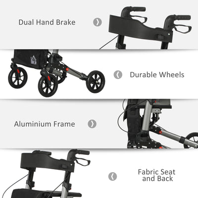 HOMCOM 4 Wheel Rollator with Seat and Back, Folding Mobility Walker with Carry Bag, Adjustable Height, Dual Brakes, Cane Holder, Lightweight Aluminium Walking Frame for Seniors and Disabled, Silver 
