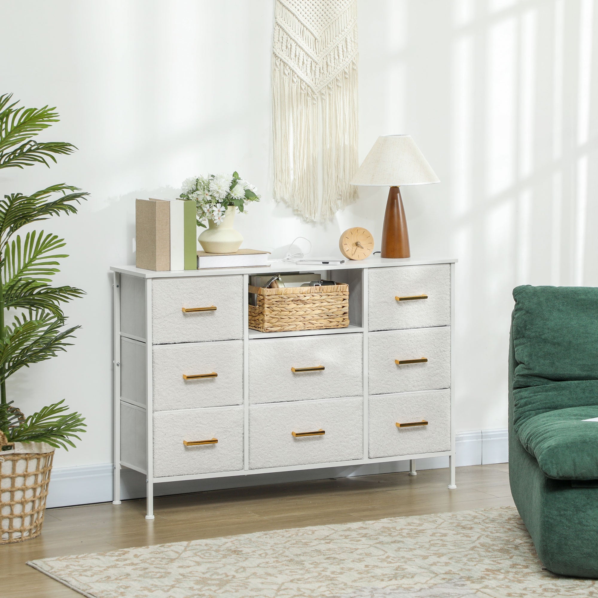 HOMCOM Boucle Chest of Drawers, 8 Fabric Drawers Storage Organiser with Charging Station, 2 USB and 2 AC Ports, Steel Frame, Fabric Dresser for Living Room, Bedroom, Hallway, Cream White 