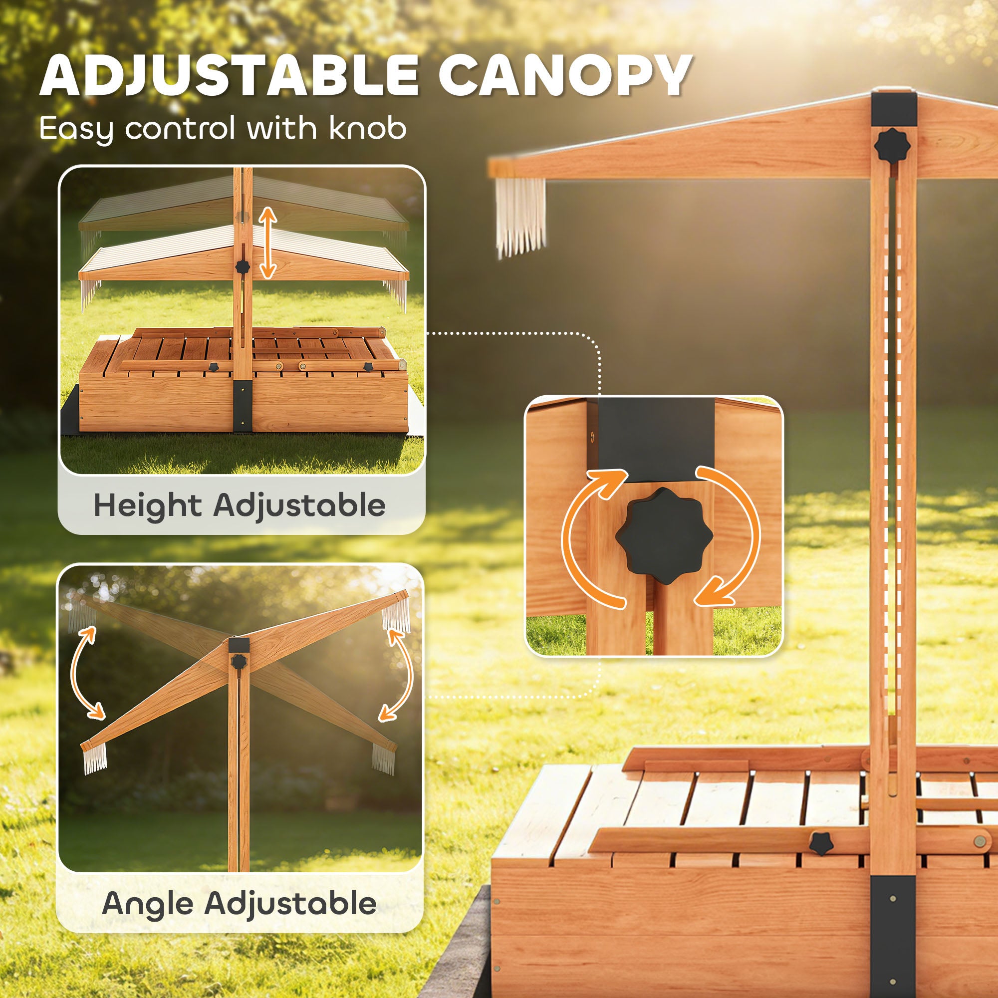 AIYAPLAY Kids Sand Pit with Lid, Wooden Sandpit with Canopy, Foldable Picnic Table, Bench Seats, Bottom Liner for Patio Garden 