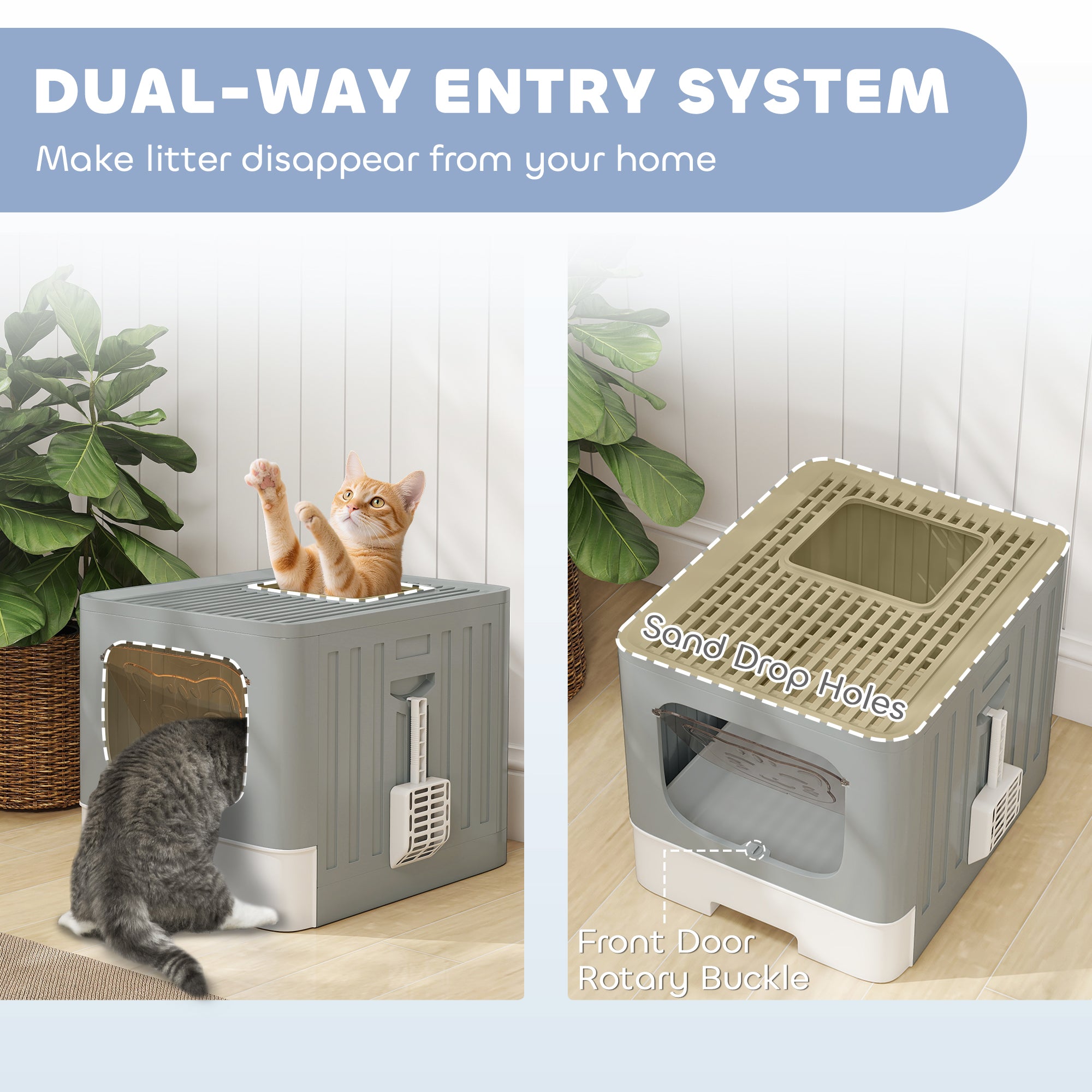 PawHut Cat Litter Box with Lid, Slide-Out Drawer, Scoop, Easy Clean, Odour Control, Anti-Splashing, Grey 