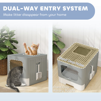 PawHut Cat Litter Box with Lid, Slide-Out Drawer, Scoop, Easy Clean, Odour Control, Anti-Splashing, Grey 