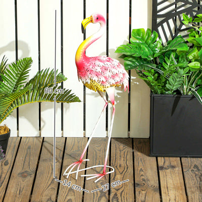 Outsunny Flamingo Garden Statue Ornament, Metal Bird Art Outdoor Statue, Standing Garden Sculpture Gift with Ground Stakes for Pond Landscape Decoration, Pink 