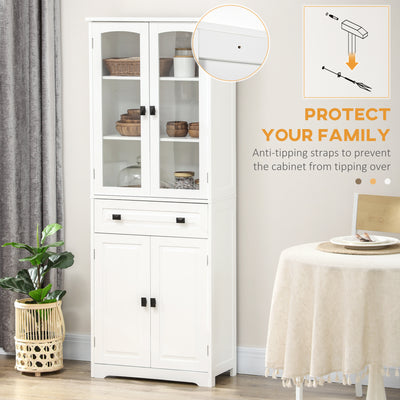 HOMCOM Kitchen Cupboard, Freestanding Storage Cabinet with 2 Adjustable Shelves, Drawer and Glass Door for Living Room, Dining Room, 160cm, White 