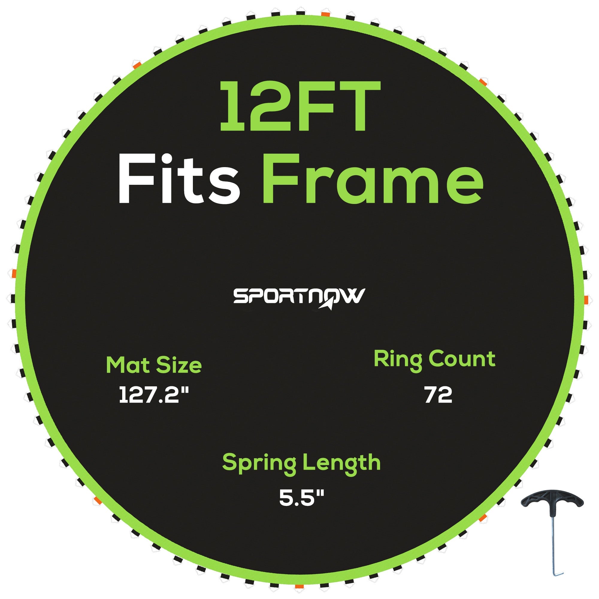 SPORTNOW Replacement Trampoline Mat with Spring Pull Tool, 72 V-Hooks, for 12ft Trampoline using 14cm Springs, Green 