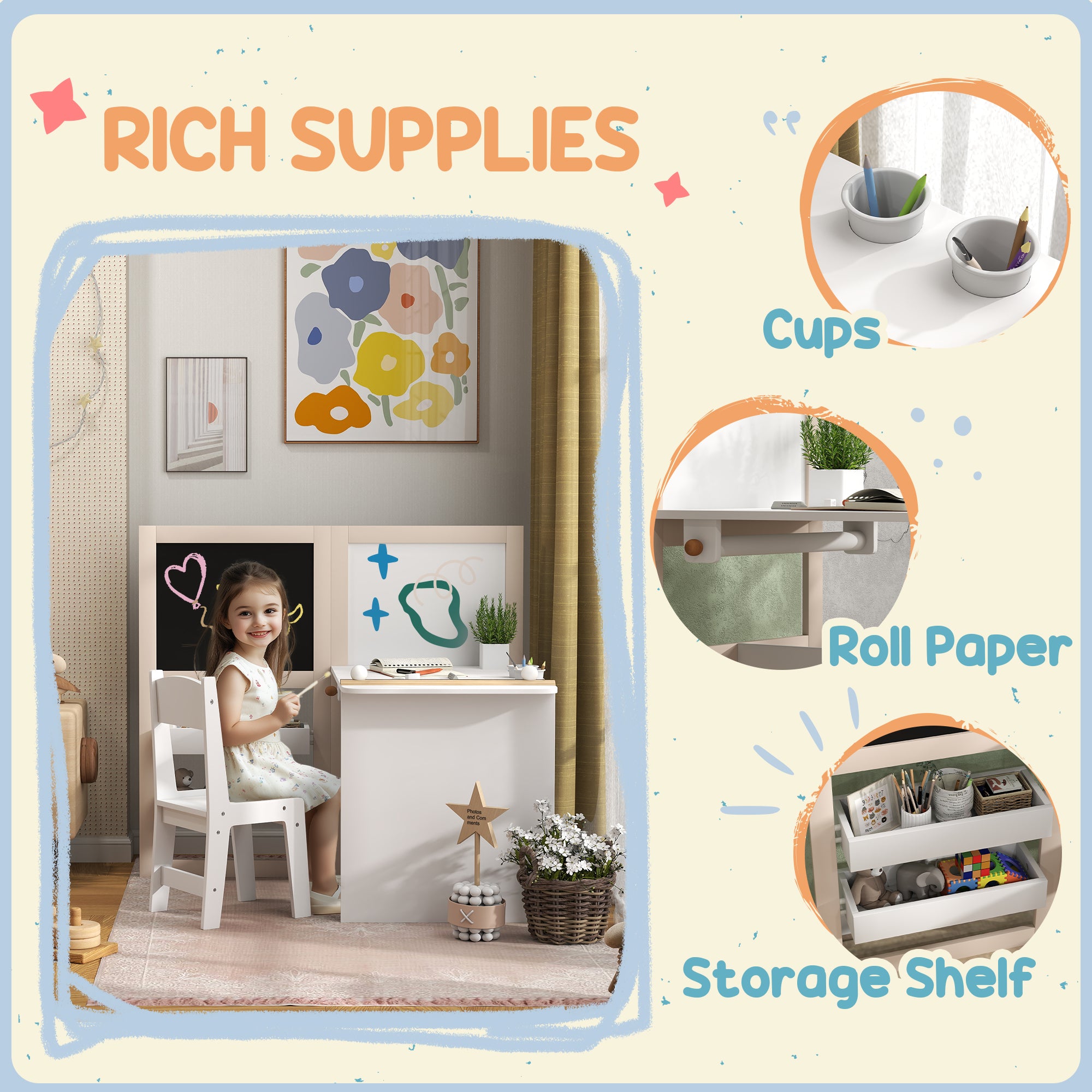 AIYAPLAY 3 in 1 Kids Table and Chair Set with Storage, Whiteboard, Blackboard & Roll Paper for 3-8 Years, White 