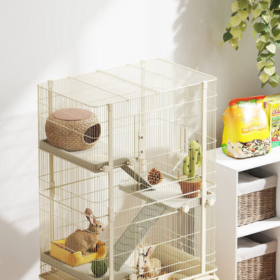 PawHut 4 Levels Rolling Small Animal Cage, Rabbit Cage with 3 Ramps, Water Bottle, Food Dish, 15cm Deep Tray, Beige 