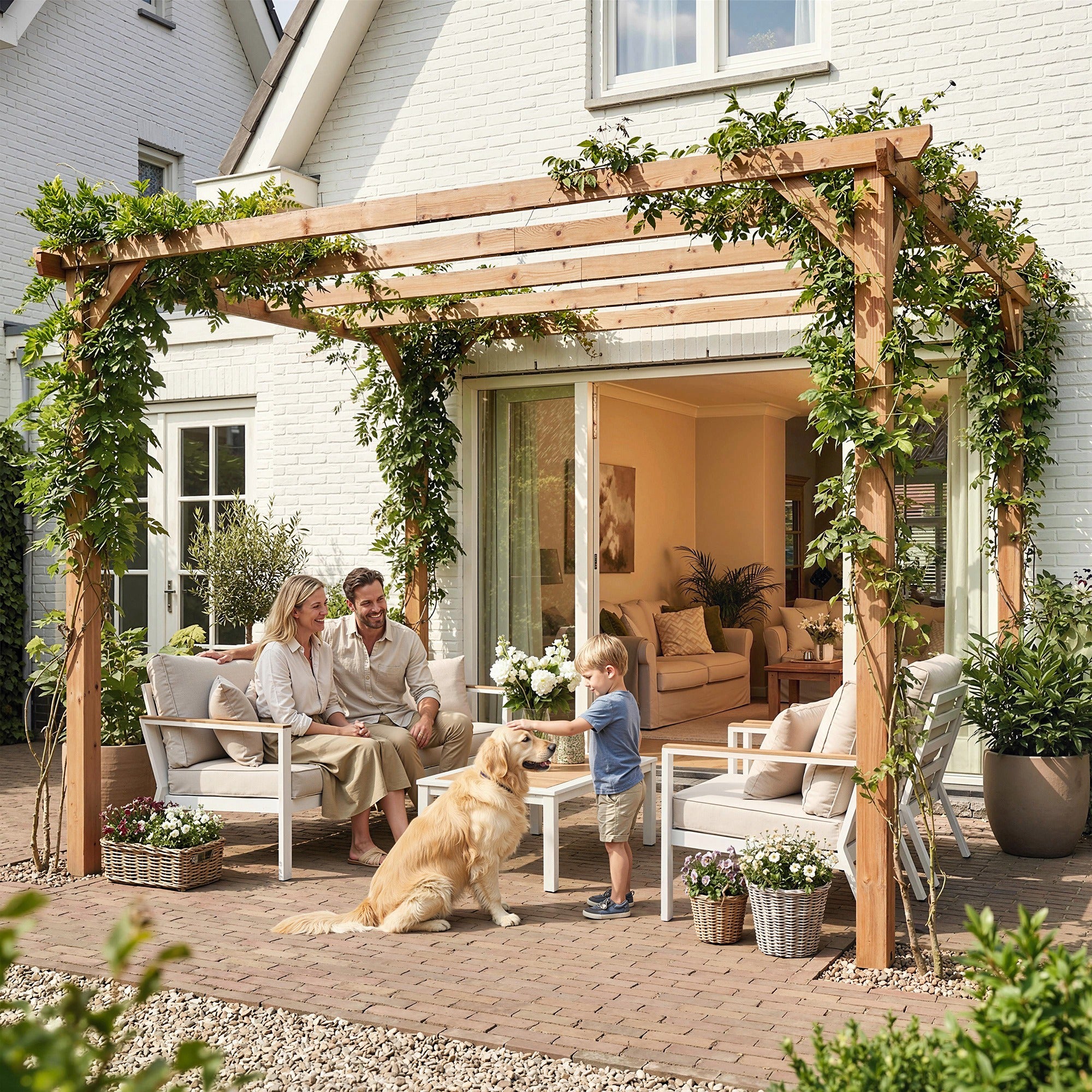 Outsunny 3 x 3 m Wooden Pergola Kit, Garden Pergola Gazebo Grape Trellis with Triangle Supports, 5 Beams, Maple Wood-effect 