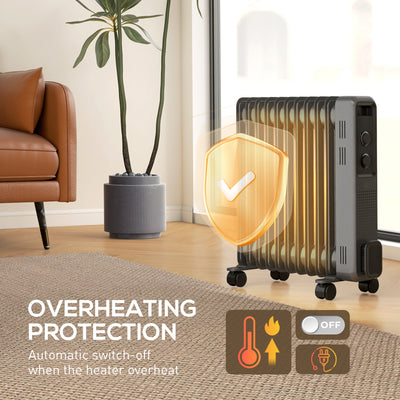 HOMCOM 2500W Oil Filled Radiator, 11 Fin, Portable Electric Heater with 3 Heat Settings, Safety Cut-Off and Wheels, Grey 