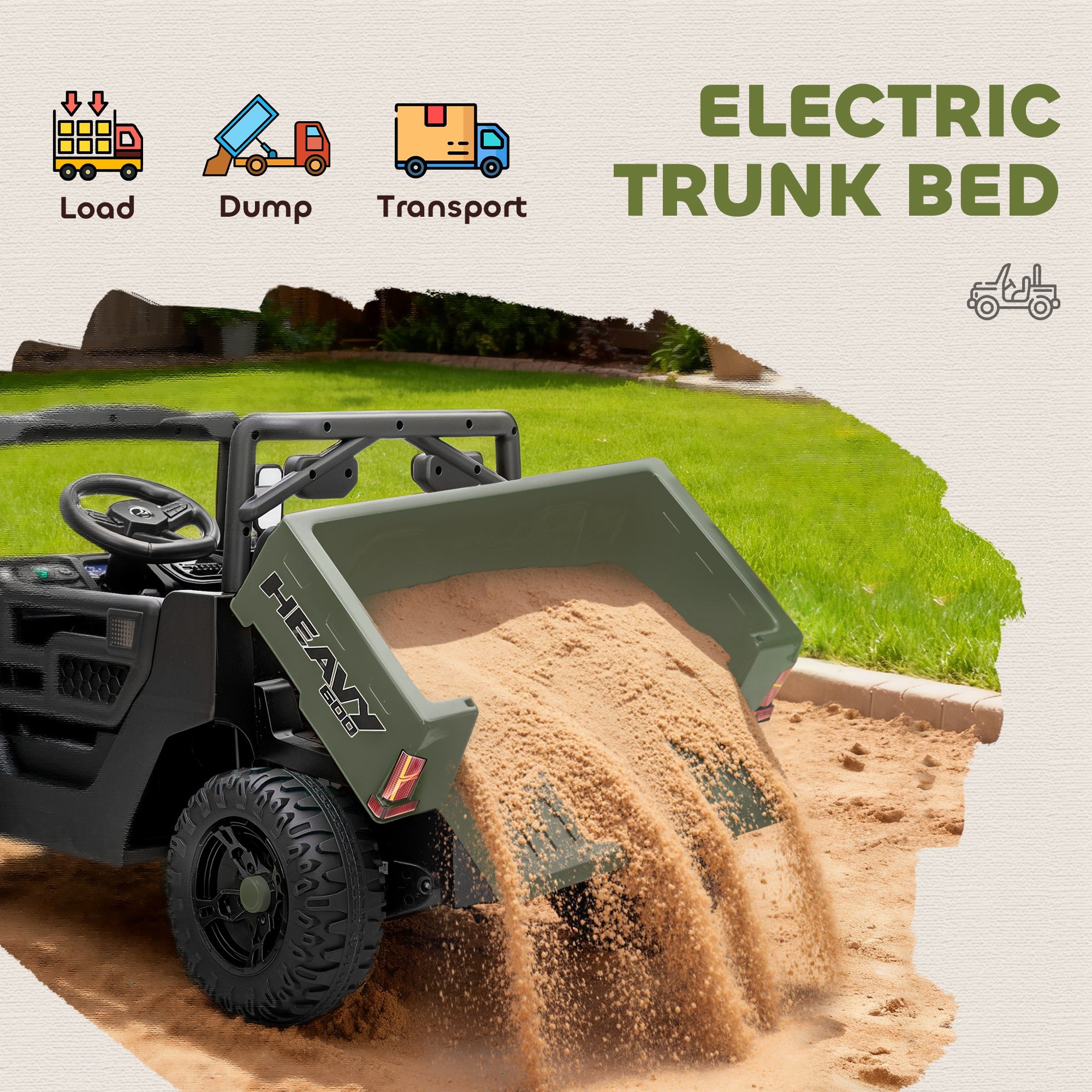 AIYAPLAY Kids Ride on Car, 12V Electric Kids UTV with Electric Dump Bed, 4-Wheel Suspension for 3-8 Years, Green 