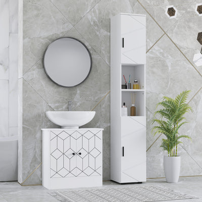 kleankin Line Embossed Tall Bathroom Storage Cabinet - White 