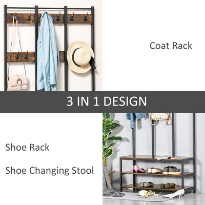 HOMCOM Coat Rack Stand, Free Standing Hall Tree, Coat Stand with Hooks, Bench and Shoe Rack, 100cm x 40cm x 184cm, Industrial Style, Rustic Brown and Black 