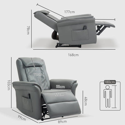 HOMCOM 3D Kneading Massage Recliner Chair with Headrest, Breathable Leather Recliner Armchair, Electric Reclining Chair with Footrest, Remote with USB Port, Side Pockets for Home, Grey 