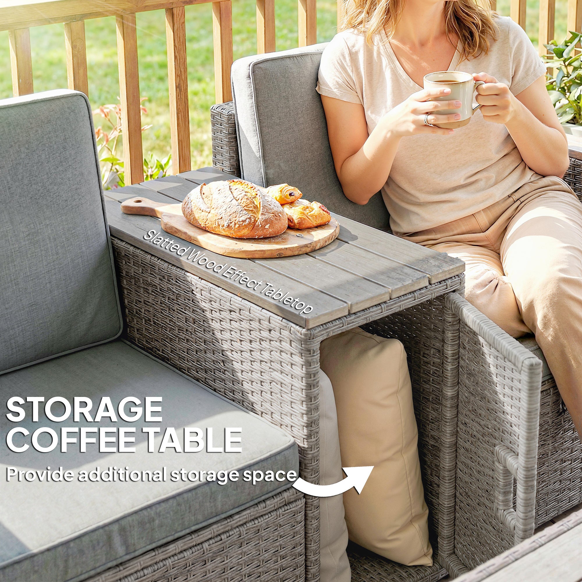 Outsunny 5 Piece Rattan Garden Furniture Set with Storage Table, Footstools, Cushions, Dark Grey 