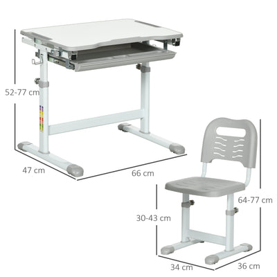 HOMCOM Kids Desk and Chair Set, Student Adjustable Writing Desk, with Drawer, Pen Slot, Hook - Grey 