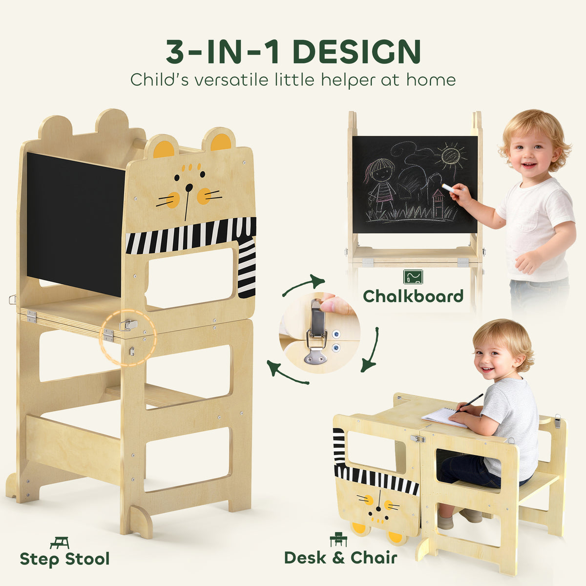 AIYAPLAY Toddler Step Stool, Standing Tower with Chalkboard, 3-in-1 Cat-Shaped Step Stool for Kitchen Counter, Natural 
