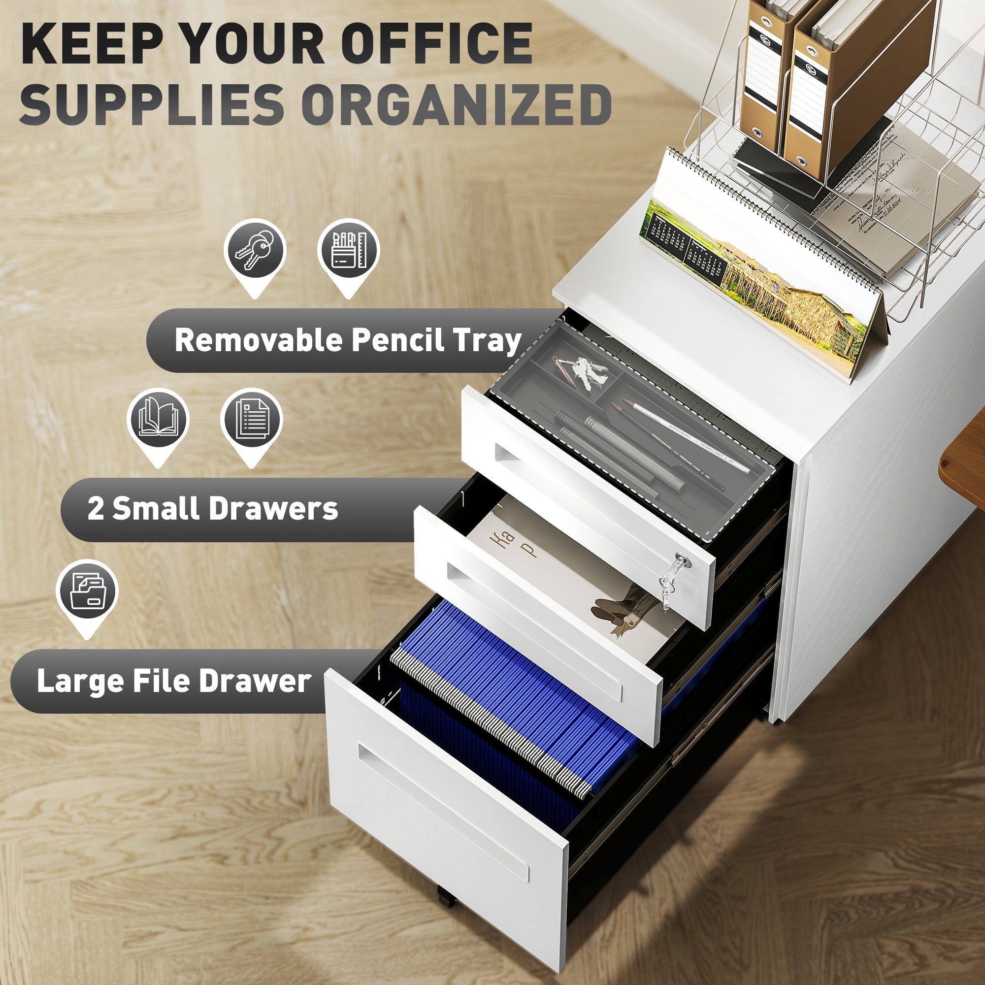 Vinsetto Metal Mobile File Cabinet with Wheels, Lockable 3 Drawer Filing Cabinet for A4, Legal, Letter, Compact Under Desk Storage Unit with Pre-Assembled Body for Home Office, 30 x 43.5 x 60cm, White 