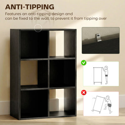 HOMCOM Industrial Style Storage Shelf, Bookcase, Bookshelf with 6 Compartments, for Living Room, Home Study, Black Wood Effect 