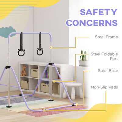 HOMCOM Adjustable Height, Foldable Kids Gymnastics Bar w/ Non-slip Rubber Floor Rings, for 3+ Years, Purple 