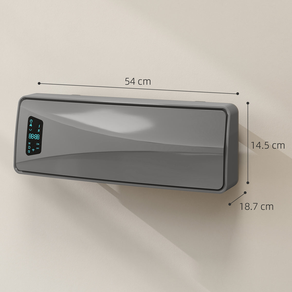 HOMCOM 2000W PTC Ceramic Fan Heater, Wall Mounted, 30° Oscillation, 54L x 18.7W x 14.5H cm - Grey